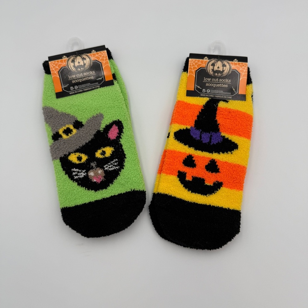 Halloween Fuzzy Socks 2-Pack – Cat & Pumpkin Low Cut Women’s 5-9 NWT
